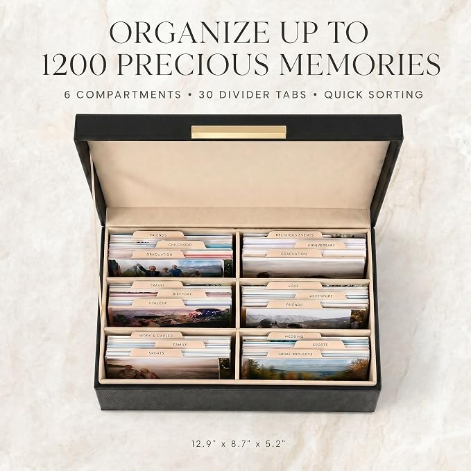 Decorative Photo Storage Box - PU Leather Organizer for 1200 4x6 Photos | Sturdy Scrapbook Storage Containers with Dividers and Lid - Portable Box Safely Stores Your Pictures - Image 3