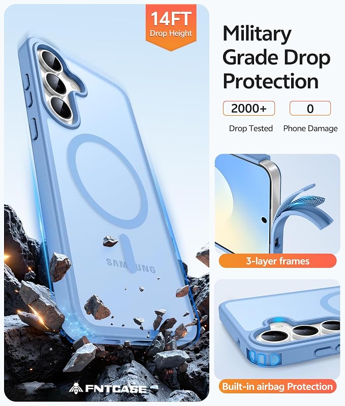 FNTCASE for Samsung Galaxy S25 FE Case, Fit for Magsafe, Screen Protector | Translucent Matte Magnetic Back, 14FT Military Grade Drop Protection, Slim Shockproof Protective Phone Cover, Light Blue - Image 5