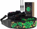 Padwa Lifestyle Green Rose Camera Strap - 2" Full Grain Leather Ends Camera Straps for Photographers, Vintage Embroidered Cotton Soft Suede Fabric Padded Strap Quick Release fits All Cameras by PadwaLifestyleCameraStrap