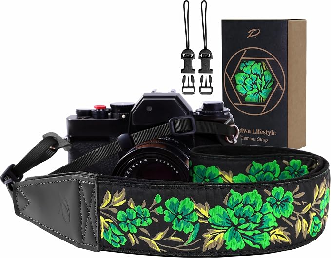 Padwa Lifestyle Green Rose Camera Strap - 2" Full Grain Leather Ends Camera Straps for Photographers, Vintage Embroidered Cotton Soft Suede Fabric Padded Strap Quick Release fits All Cameras by PadwaLifestyleCameraStrap