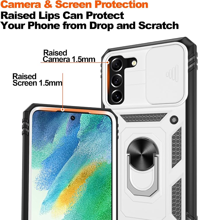 Gritup for Samsung Galaxy S21 FE 5G Case with 2PCS Screen Protector, Build in 360° Rotating Ring Kickstand, Military Grade Protective Case for S21 FE Phone, White+Black - Image 5