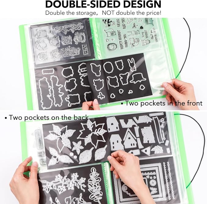 2 Pack Large Sticker Photo Storage Album, Stamp & Cutting Dies Storage Book Organizer Folder for Cards Storage DIY Scrapbooking Card Making Supplies 20 Pages 80 Pockets/Pack (Clear + Green) - Image 5