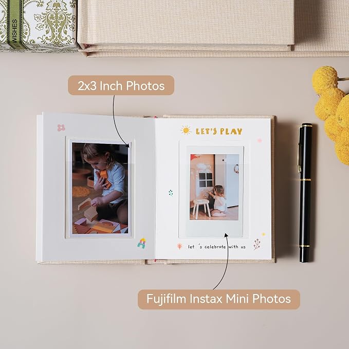 Instax Mini Photo Album with Writing Space, Linen Cover, Grey | Compatible with 2x3 inch & Polaroid Pictures, 28 Recessed Clear Pockets, Wedding Guest Book and Family Memories - Image 3