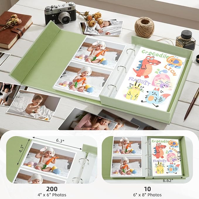 4x6 Photo Storage Box with 3-Ring Slip-In Binder Album, Linen Organizer with Gold Foil Cover, Holds 210 Photos for Travel, Wedding & Memory Keeping, Light Green - Image 2