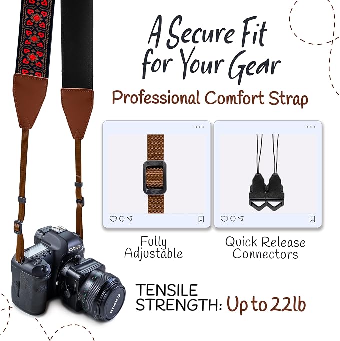 Art Tribute Camera Strap - Shoulder, Crossbody & Neck Camera Strap for Photographers, Fits All Cameras, Canon Nikon Sony Fujifilm, Padded Strap W/Quick Release, Embroidered Cotton & Leather Ends - Image 4