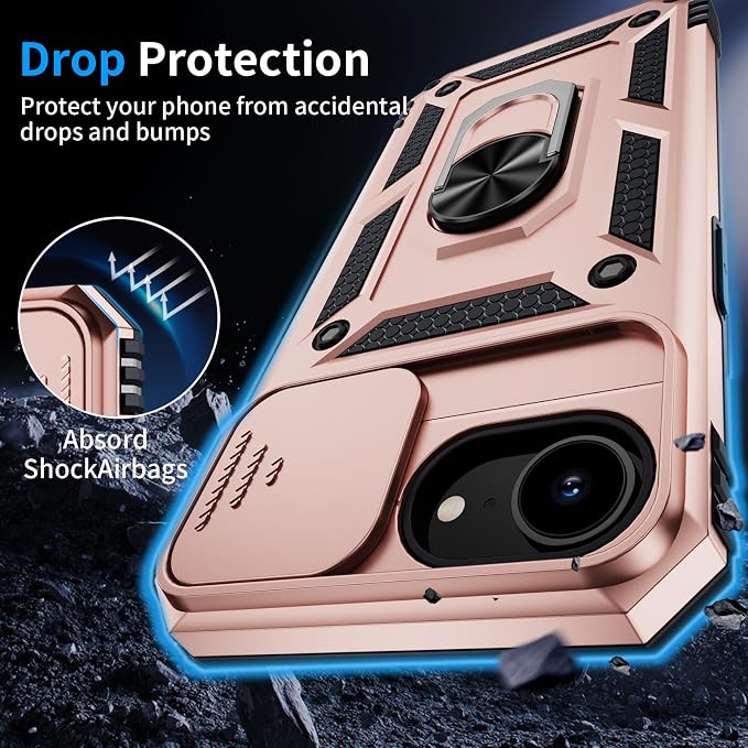 for iPhone 17e Case & iPhone 16e Case with 2X HD Screen Protector & Slide Camera Cover & Rotated Ring Kickstand, Rugged Heavy Duty Protective Phone Case for iPhone 17e/16e 6.1", Rose Gold - Image 5