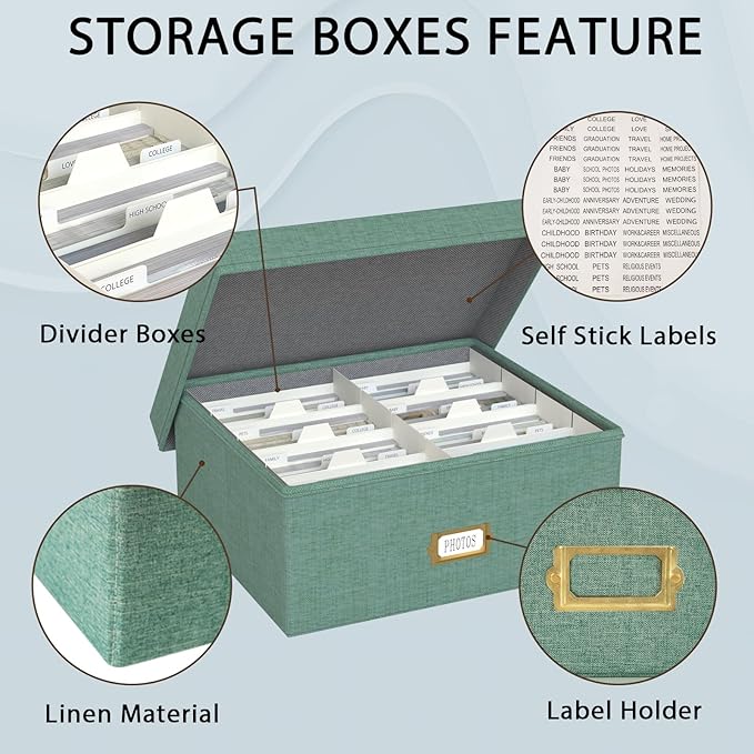 Decorative Photo Storage Box, Linen Photo Box Holds 1700 4x6 Pictures Green | Photo Storage Containers with 8 Dividers, Memory Keepsake Organizer for Photos, Scrapbook Supplies, Cards, Stamps,Archive Box - Image 3