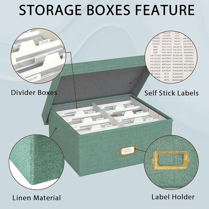 Decorative Photo Storage Box, 2 Pack Linen Photo Box Hold 1700 4x6 Pictures | Photo Storage Containers with 8 Dividers, Memory Keepsake Organizer for Photos, Scrapbook Supplies, Cards, Stamps, Green - Image 3