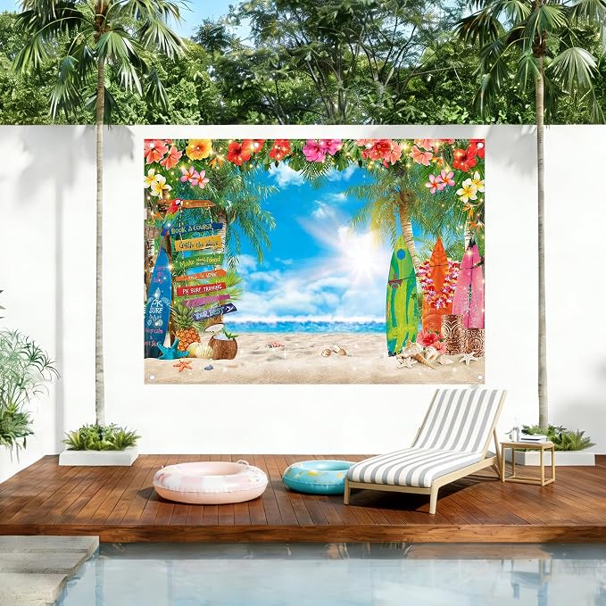 10x8ft Summer Hawaiian Beach Photography Tropical Luau Backdrop | Flower Palm Leaves Background, Aloha Party Supplies, Surfboard Banner, Holiday Photo Booth, Polyester, Grommets, 1PC - Image 2