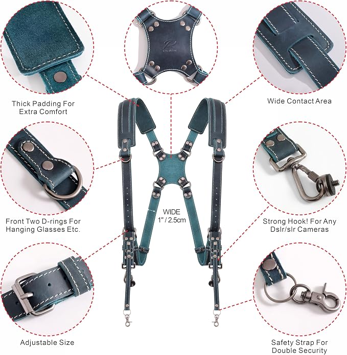 Padwa Lifestyle Dark Green Dual Camera Harness Strap for Two Cameras - Double Shoulder Full Grain Leather Harness,Multi Double Camera Gear with Thick Padded,Double Camera Harness for Photographers - Image 2