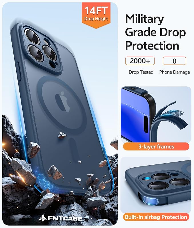 FNTCASE for iPhone 14 Pro Max Case, Fit for Magsafe, Glass Screen Protector | Full Camera Protection, Translucent Matte, 14FT Military Grade Drop Proof, Shockproof Protective Phone Cover, Blue - Image 5