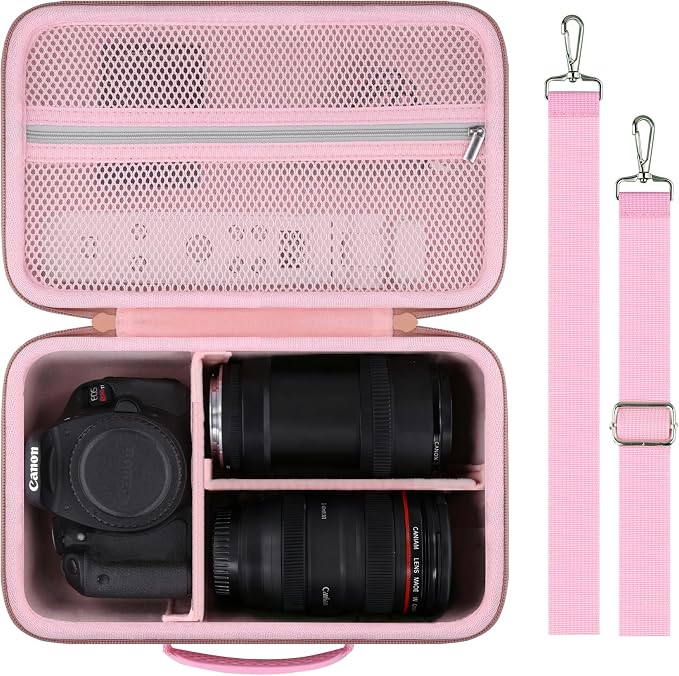 Hard Case for Canon EOS Rebel T7/T100/R50/R100 DSLR Camera with Lens | Fits for Canon T7/T100/R50/R100/R5/R6 V//R6 Mark II DSLR Camera and Lens, With Shoulder Strap, Protective Case, Pink by Baval