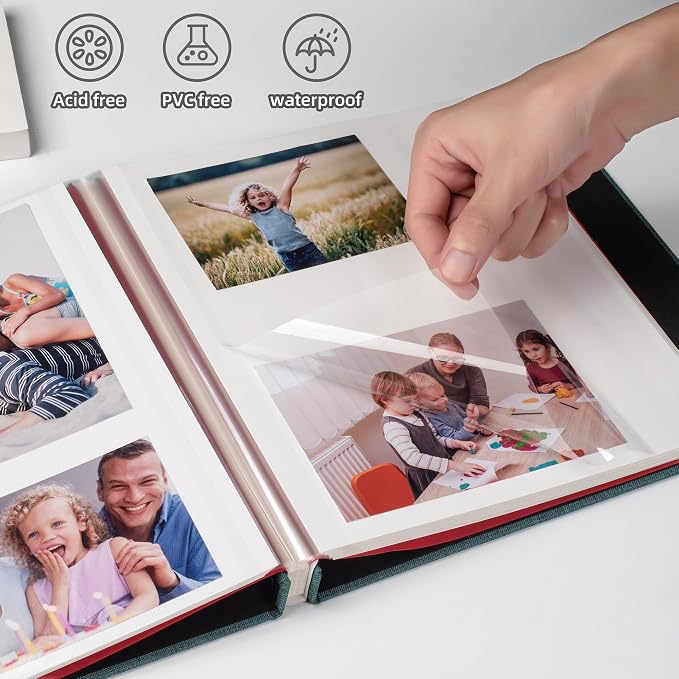 HoneyTolly Large Photo Album Self Adhesive with Picture Display Window, DIY Scrapbook Album for 4x6 8x10 Pictures, 40 Pages Linen Cover Memory Book with Scraper and Metallic Pen(Dark Green) - Image 3