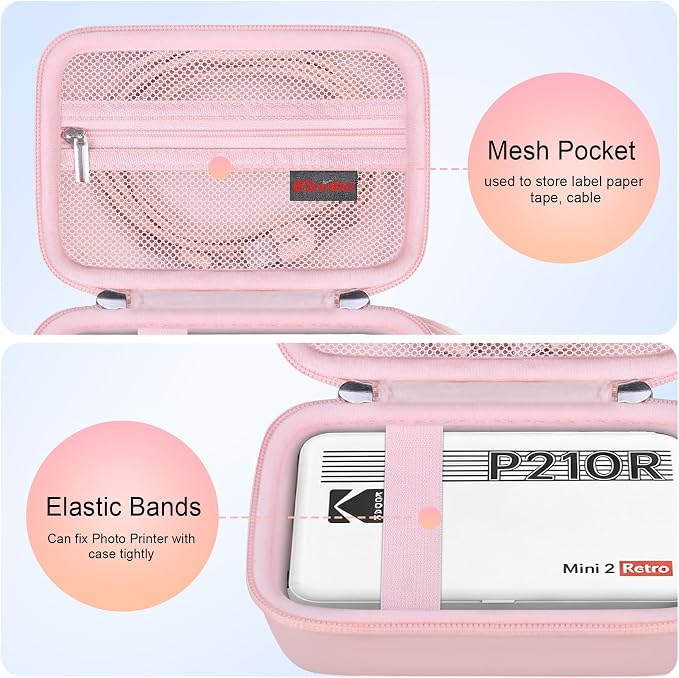 Elonbo Carrying Case for KODAK Mini 2 Retro 2x3 Portable Photo Printer | Bluetooth Smartphone Instant Color Printer Hard Travel Protective Bag, Mesh Pocket fits Cartridge Photo Paper Sheets, Pink - Image 3