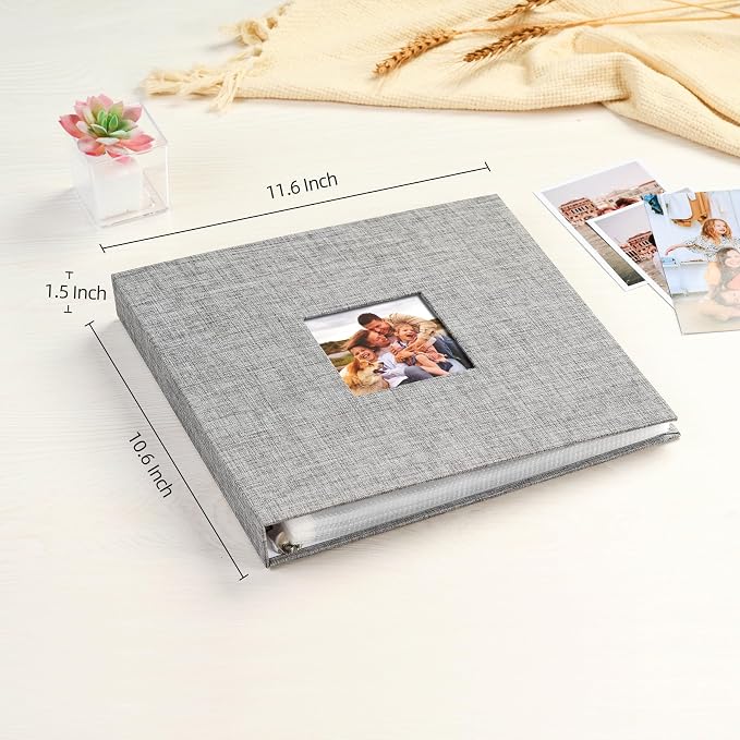 Mublalbum 10x10 Inch 3 Ring DIY Scrapbook Photo Album 80 Pages, Grey | 3 Ring Binder Scrapbook, Linen Cover, 40 Plastic Sleeves 80 Pages, Memory Book for Wedding, Baby, Family, DIY Projects - Image 2
