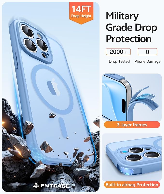 FNTCASE for iPhone 15 Pro Max Case, Fit for Magsafe, Glass Screen Protector | Full Camera Protection, Translucent Matte, 14FT Military Grade Drop Proof, Shockproof Protective Phone Cover, Light Blue - Image 5