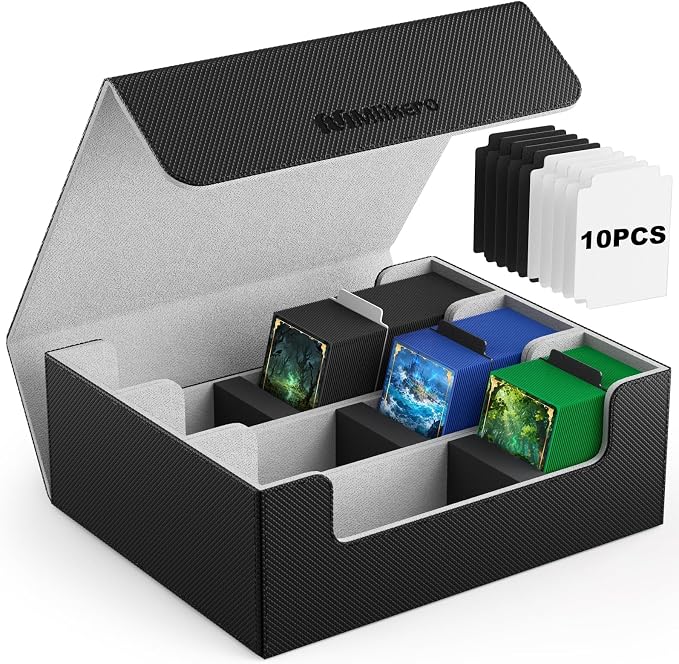 Mlikero Trading Card Storage Box, Bulk Card Storage for 1800+ Sleeved Cards, PU Leather Magnetic Closure Card Organizer with 10 Dividers & 3 Foam Stoppers, Fit for MTG, TCG and Sports Cards by Mlikero