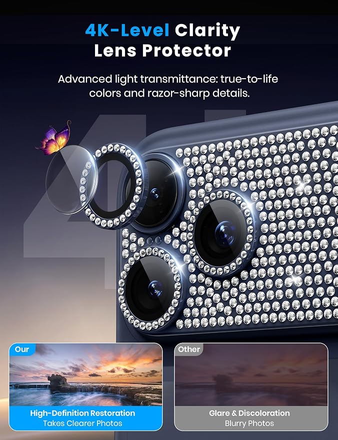 Hoerrye for iPhone 17 Pro Camera Lens Protector - Bling Diamond | Military Grade Protection, Keep Lens Original Design, 9H Tempered Glass Camera Cover Screen Protector - Image 7