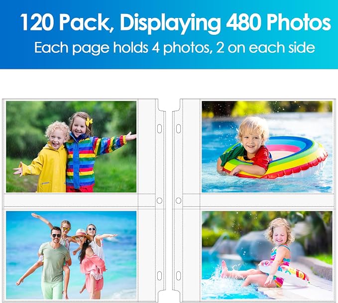MaxGear 120 Pack 5x7 Photo Sleeves for 3 Ring Binder (480 Picture),2 Pocket | Heavy-Duty Archival Page Protectors,Clear Photo Album Refill Pages,Plastic Recipe Cards Binder Sleeves with Pockets,Acid-Free - Image 8