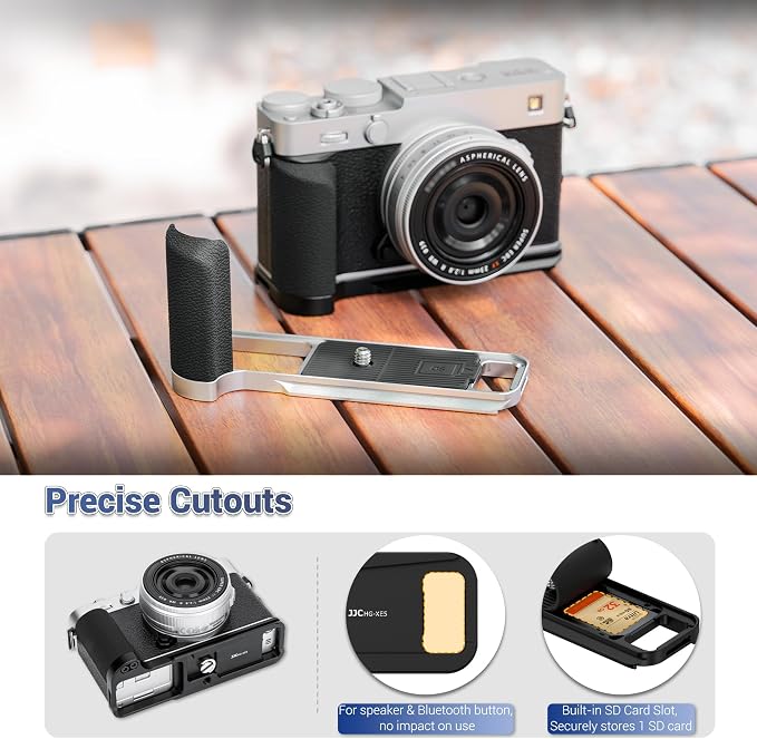 JJC Metal Hand Grip L-Bracket & Shutter Button for Fuji X-E5 Camera, Black | Silicone Handgrip Cover, Anti-Slip Pads with SD Card Holder, Arca Swiss Quick Release Plate & 1/4"-20 Tripod Hole - Image 6