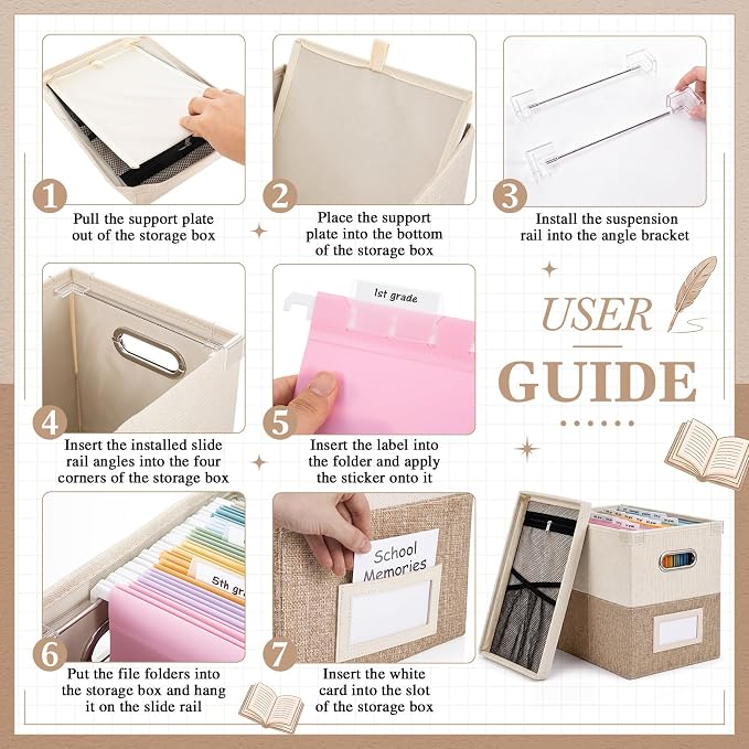 1 Set School Memory Box Organizer, School Keepsake Organizer K-12,Beige | with 15 Hanging File Folders, 4 Labels, 3 Sticker, Mesh-Pocket Lid, for Letter/A4, Report Cards, Photos, Awards, File Keeper - Image 3