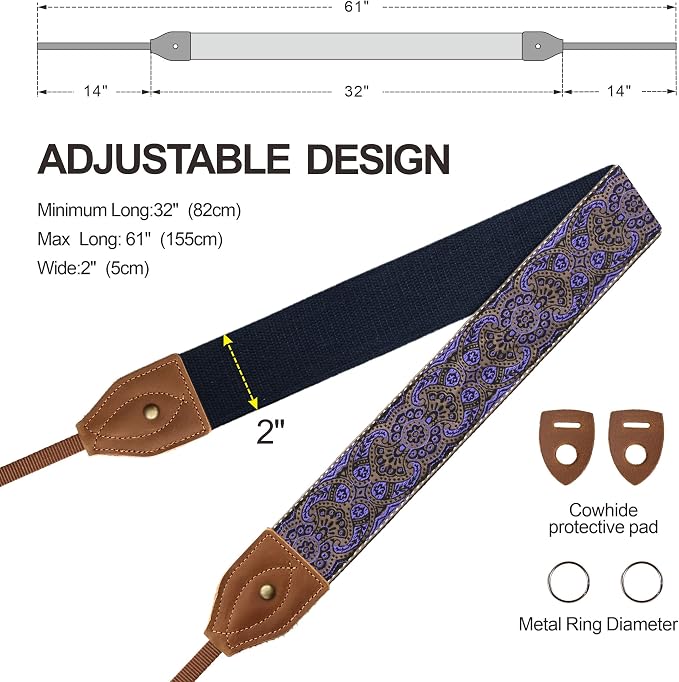 Padwa Lifestyle 2" Wide Classic Crazy Horse Art Cowhide Head Cotton Camera Straps for Photographers - Image 6