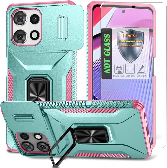for Moto G Play 5G 2025 Case with Sliding Camera Lens Cover,HD Screen Protector,360° Rotating Ring Kickstand,AYMECL Military-Grade Shockproof Protective Cover for Motorola G Power 2025,Mint+Pink by AYMECL