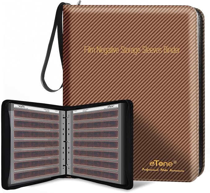 eTone Film Negative Storage Album, Black PU Leather, 50 35mm Acid-Free Sleeves, Triple Ring Binder Box, 13.18x7.08x1.96 Inch (Brown) by eTone