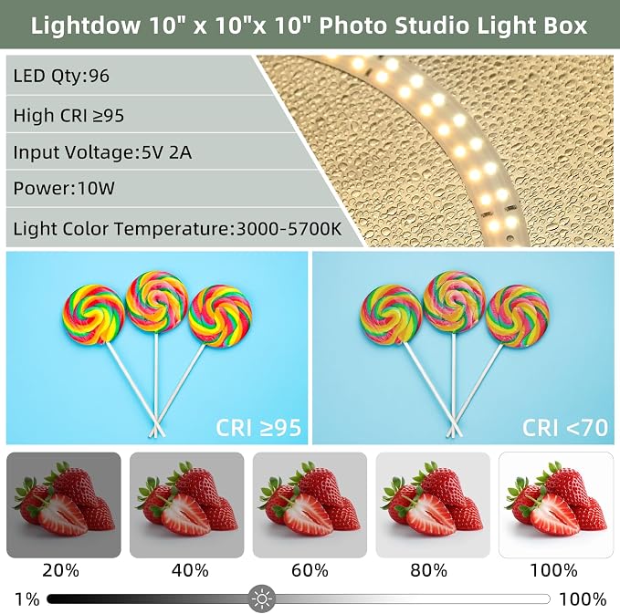 Lightdow 10"x10"x10" Photo Studio Light Box Photography with 96 LEDs (CRI>95), 6 Backdrops - Portable/Dimmable/Versatile Folding Shooting Tents for Toys/Jewelry/Watches/Cosmetics Photography - Image 4