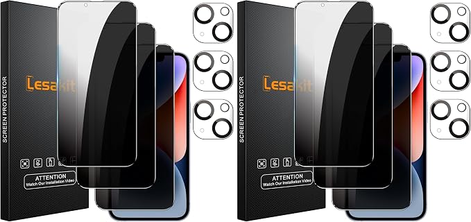 Lesakit 3+6 Pack Privacy Screen Protector for iPhone 14 6.1-Inch with 6 Pack Camera Lens Protector, Anti Spy Tempered Glass Film 9H Hardness Bubble Free Case Friendly by Lesakit