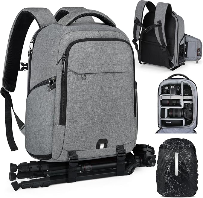 Camera Backpack Camera Bag for Photographers DSLR SLR Mirrorless Camera Cases with Waterproof Rain Cover & Laptop Compartment Fits 14 Inch Laptop,Anti Theft Travel photography backpack,Grey by RAINSMORE