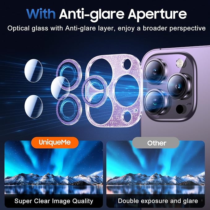 UniqueMe for iPhone 14 Pro Max/14 Pro Camera Lens Protector-Glitter Purple | 3 Pack-Acrylic, Not Glass, Case Friendly, Scratch-Resistant, Night Shooting Mode - Image 3