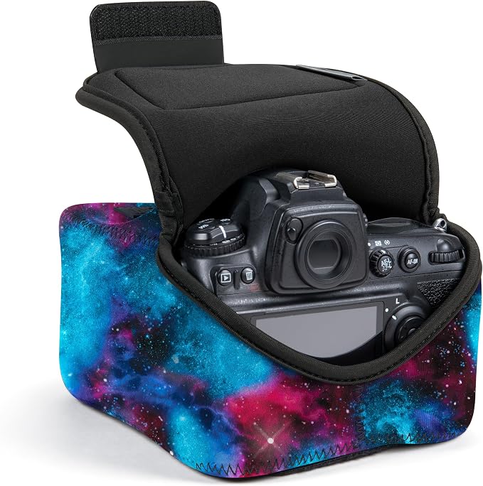 USA Gear Camera Sleeve (Large) for Mid-Size SLRs Compatible with Sony A7 V, Canon EOS R6 Mark II, Nikon Z 6III & more - Padded Neoprene DSLR Case with Zipper Accessory Pocket & Belt Loop (Galaxy) by USAGEAR