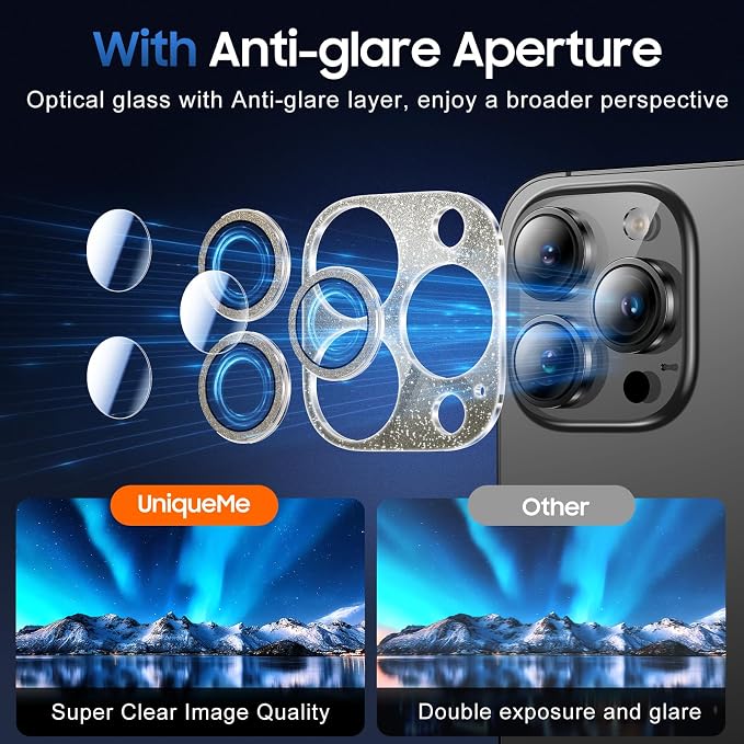 UniqueMe for iPhone 13 Pro Max/13 Pro Camera Lens Protector-Glitter Black | 3 Pack-Acrylic, Not Glass, Case Friendly, Scratch-Resistant, Night Shooting Mode - Image 4