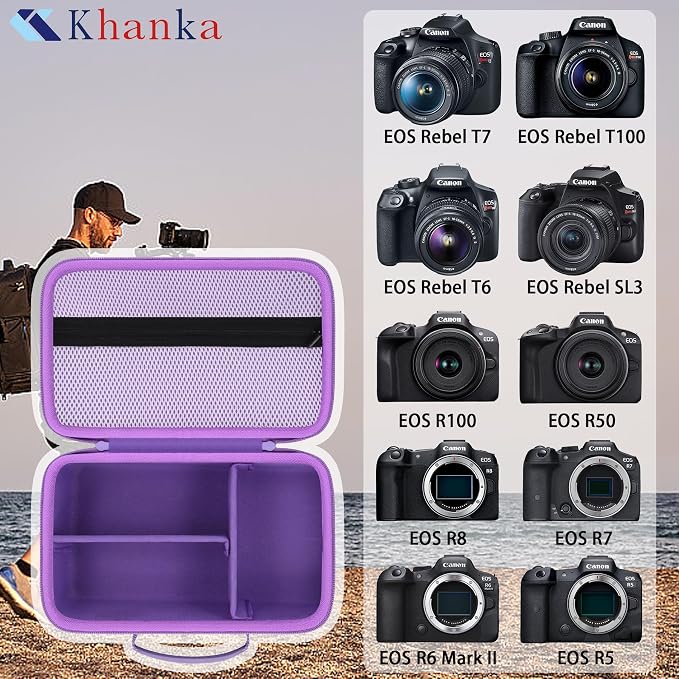 khanka Camera Case for Canon EOS Rebel R6 V/T7/T100/T6/R50/R100/R5/R7/R8/R6 Mark II/SL3 DSLR Camera,Travel Carrying Case for Canon EOS Rebel Camera and 18-55mm/18-45mm Lens(Purple Case Only) - Image 5