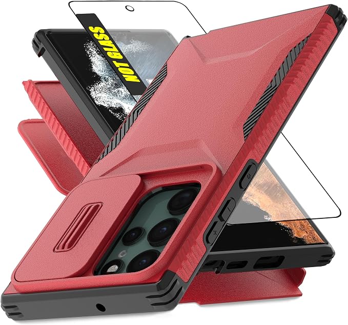 for Galaxy S22 Ultra Case with 1 HD Screen Protector & Slide Camera Cover [Military-Grade] Phone Case Heavy Duty Rugged Shockproof Protective Cover for Samsung Galaxy S22 Ultra(Red) by AWZHYDT