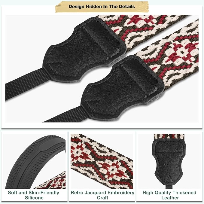 FIEIL Neck Strap Silicone Camera Straps - Padded Camera Strap, 1.5" Wide Adjustable Neck Strap - Compatible with Canon, Nikon, Sony, and More DSLR and Mirrorless Cameras (Red and Black Geo) - Image 3