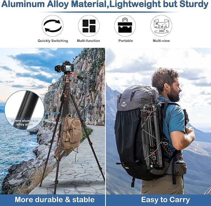 2 in 1 Camera Tripod & Hunting Stand Foldable, 68" Ball Head Tripod for Camera and Phone, Heavy Duty Tripod for DSLR Camera Lasers Binoculars Telescope Spotting Scope, Min Size 16.5" with Bag - Image 7