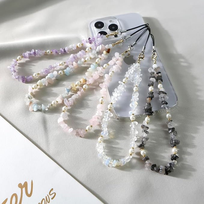 Natural Gemstone Phone Charms Wrist Strap - Cell Phone Lanyard Beaded Strap for Women Girls (Pink) - Image 5