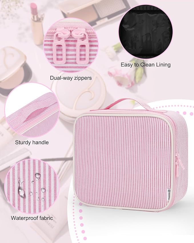 Relavel Travel Makeup Train Case, Portable Cosmetic Case Makeup Organizer, Professional Artist Storage Bag with Adjustable Dividers for Cosmetics Brushes, Birthday Gifts for Girls, Pink Stripe - Image 4