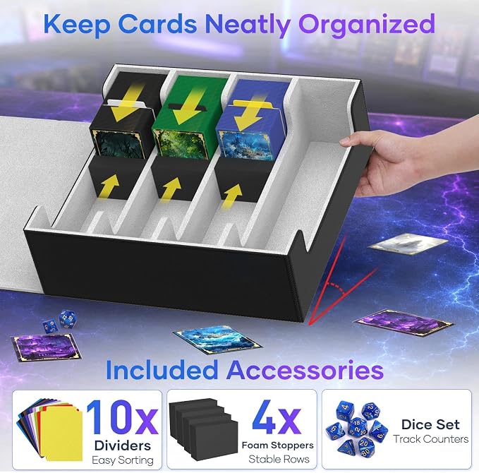 Mlikero Trading Card Storage Box, Bulk Card Storage for 2400+ Sleeved Cards, PU Leather Magnetic Closure Card Organizer with 10 Dividers & 4 Foam Stoppers, Fit for MTG, TCG and Sports Cards - Image 4