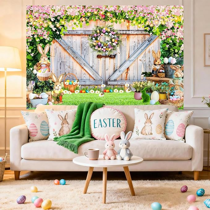 Easter Photo Backdrop for Photography, 8x6ft | Spring Wall Background for Photoshoot, Green Grass, Bunny Eggs, Rustic Barn Door, for Outdoor, Family Party Decorations - Image 6