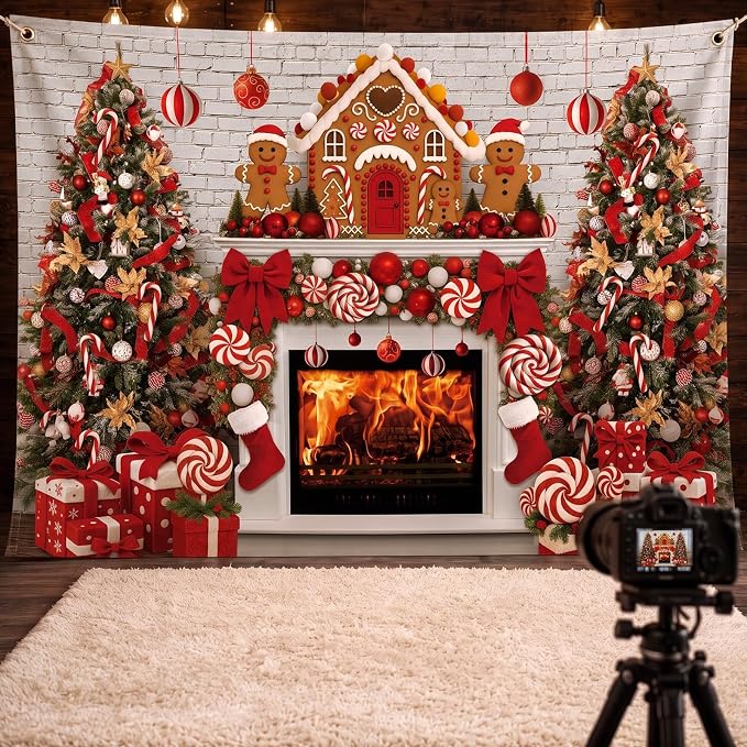 Peryiter Christmas Backdrop for Photography Xmas Tree Stocking Candy Gift Polyester Background Decoration Party Backdrop for Home Decoration Photo Studio Props (7x5 ft,Gingerbread House) by Peryiter