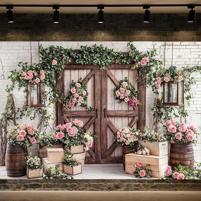 15x10ft Country Wedding Photography Backdrop Floral Rustic Roses Farmhouse Wooden Door Backdrop Pink Flower Birthday Baby Shower Wedding Bridal Party Banner Photo Booth Props Anniversary Background - Image 2