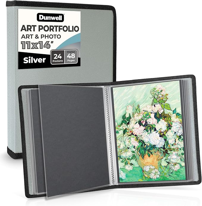 Dunwell 11x14 Art Portfolio Binder, 24-Sleeve, Mounting Paper, Silver | 24 Clear Sleeves, Displays 48 Pages, Mounting Paper Included, Artwork Storage, Acid-Free Poly Protection by Dunwell