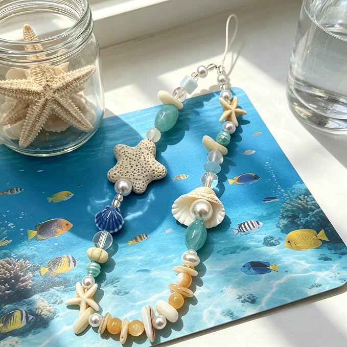 2 Pcs Phone Charm Strap Hand Wrist Strap Camera Lanyard Pearl Beaded Cute Chain String Accessories Universal for iPhone 17 Pro Max 16 15 14 for Samsung Women Girls Keychain Summer Ocean Star and Shell - Image 4