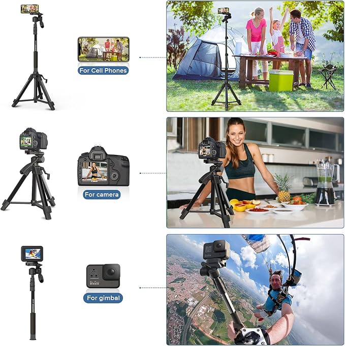 69" Camera Tripod Monopod with 3-Way Swivel Head, Aluminum Camera Stand | Camera Tripod with Quick Release Plate & Carry Bag, Fits Canon Nikon DSLR, GoPro, Video Cameras, Camcorders and Smartphones - Image 2