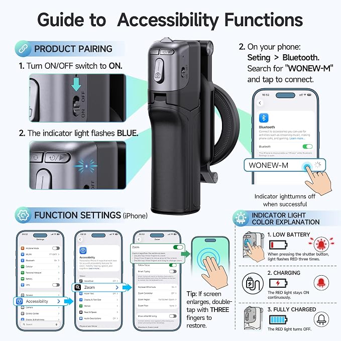 [3 in 1] Magnetic Phone Camera Shutter Grip, Extendable Selfie Stick & Tripod Portable for Magsafe iPhone & Android with Detachable Wireless Shutter Button Remote Control Ergonomic Handle - Black - Image 4