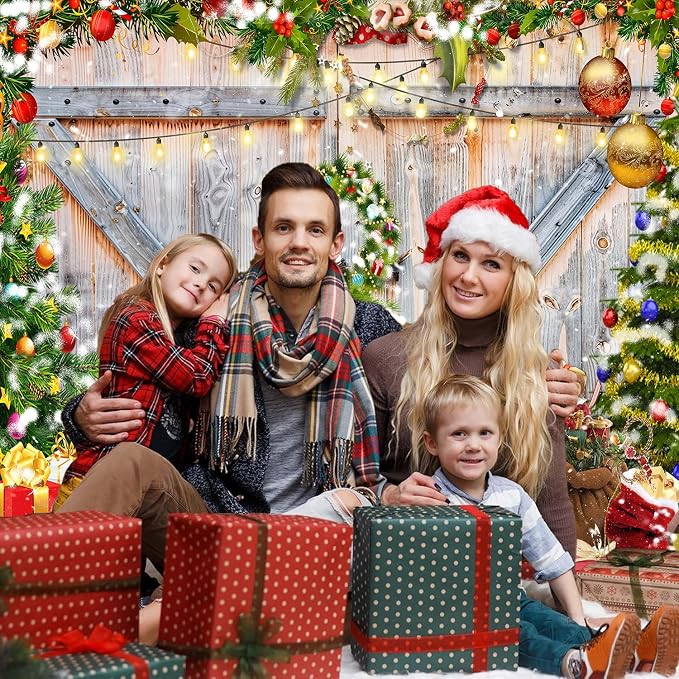 Christmas Photo Backdrop for Photography, 10x8ft | Vinyl Merry Xmas Wall Background for Photoshoot, Red Gift Snow Tree, Rustic Barn Wood Door, for Outdoor, Party Decorations - Image 3