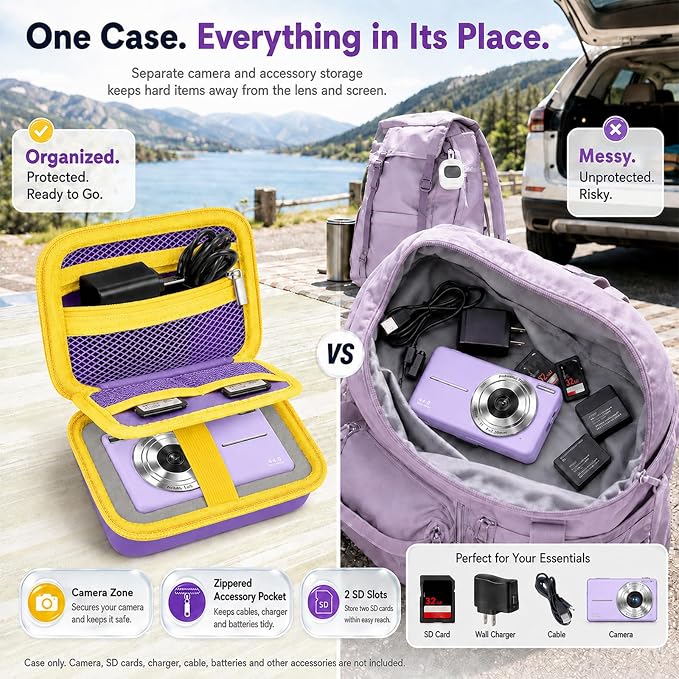 Comecase Digital Camera Case for Kodak FZ55/FZ45, Purple&Yellow Zipper | Hard EVA Shell, Padded Divider and 2 SD Card Slots Organize a Compact Camera, Charger and Cable for Travel. Case Only. - Image 5